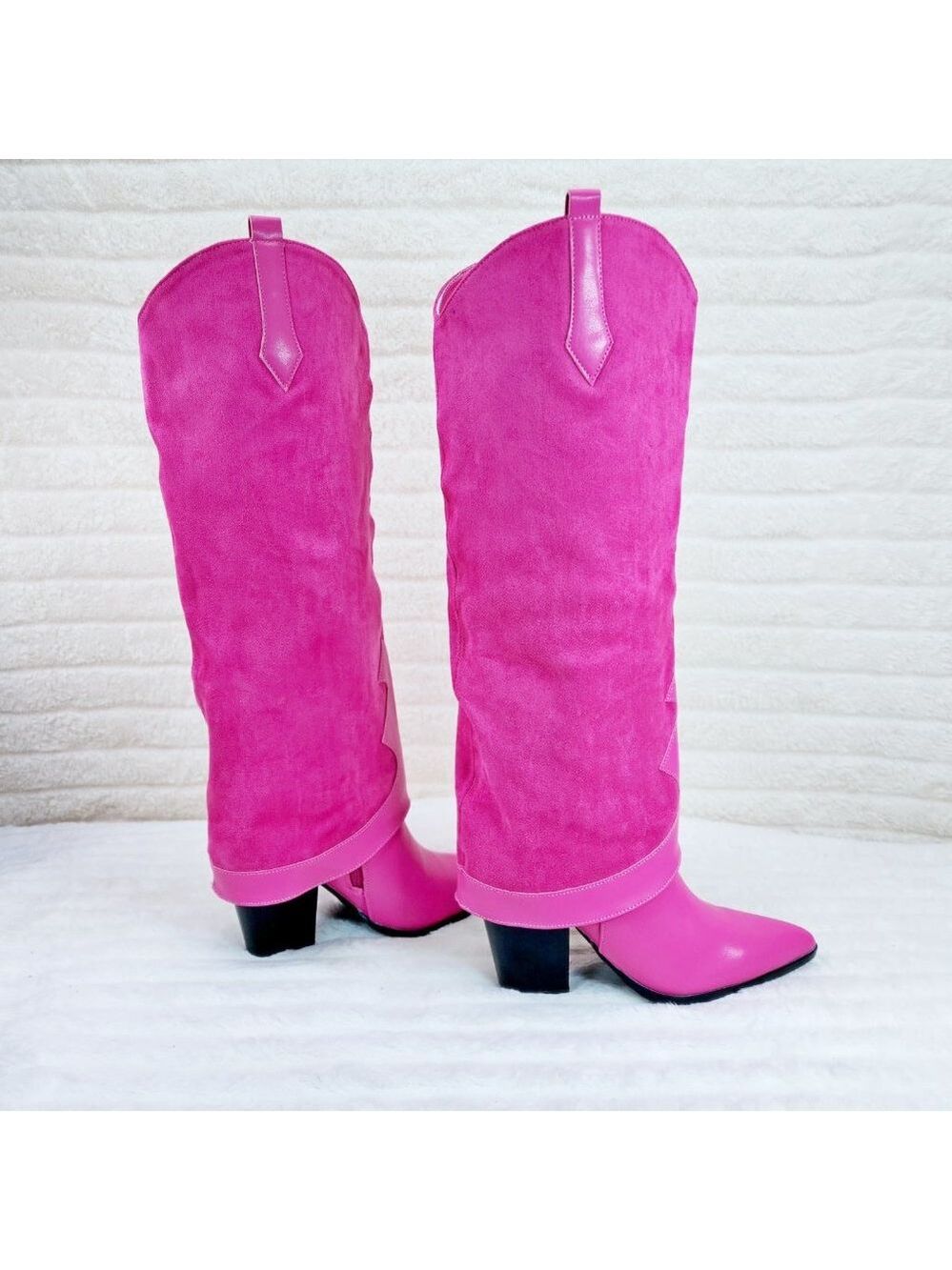 Branded Fuchsia Pink Skirted Fold Over Western Shark Knee High Cowgirl Boots - Picture 1 of 11